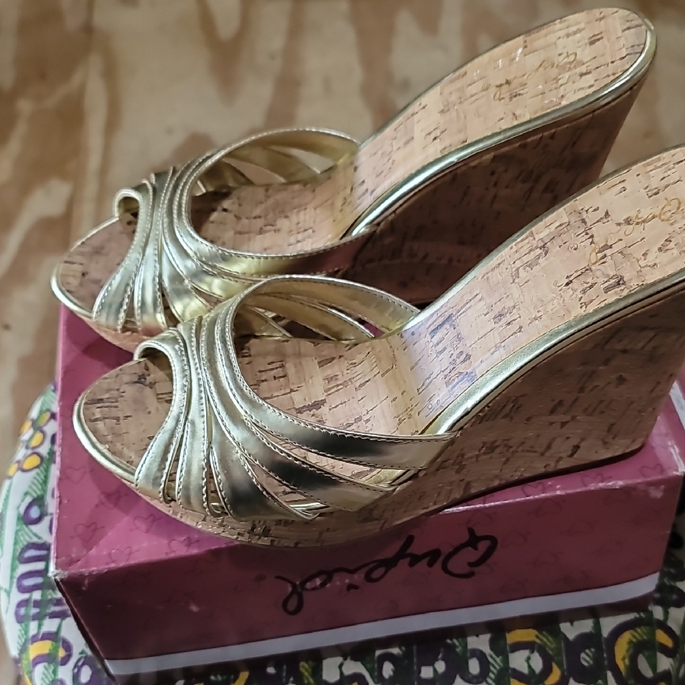 Qupid Gold Cork Wedge Sandals